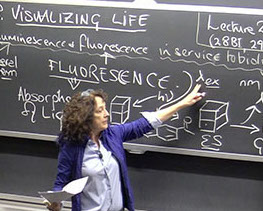 Professor at the chalkboard, "Visualizing Life," fluorescence.