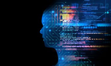 Digital graphic of human head with computer code overlaid.